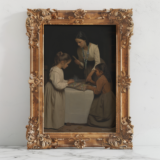 Pin Trading Fine Art Print in an ornate gold baroque frame, leaning against a white wall