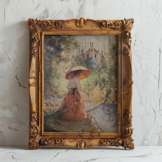 Sally Slater Fine Art Print in an ornate gold frame leaning on a white plaster wall, parasol and alligator scene