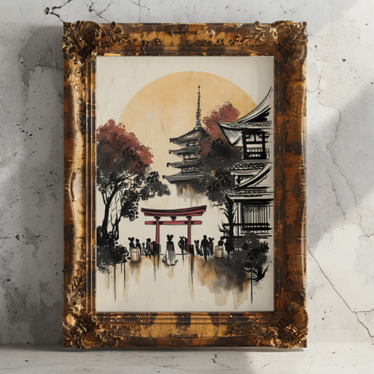 Japan Pavilion Ink Wash Art Print in an ornate gold frame, red torii gate and pagoda against a gold sun