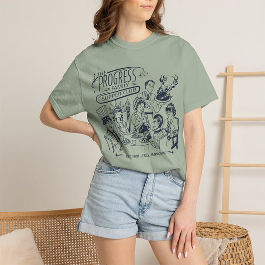 Carousel of Progress Supper Club Tee in Bay worn by a woman in denim shorts, Est. 1967 Still Improving design