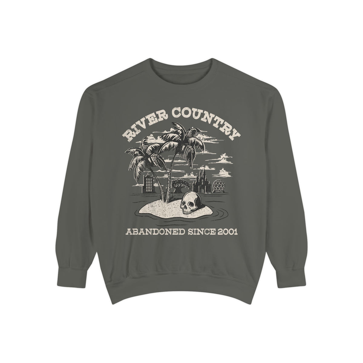 River Country Sweatshirt in Pepper, flat lay front with palm trees, a skull and Abandoned Since 2001 text