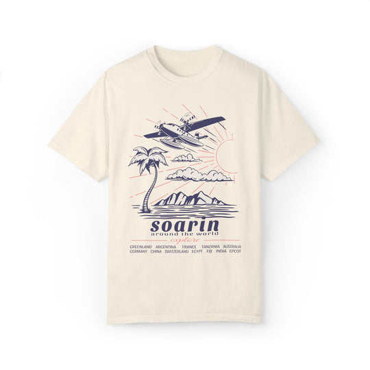 Soarin' Around the World Tee in Ivory, flat lay front with the hang glider, mountains and Soarin script