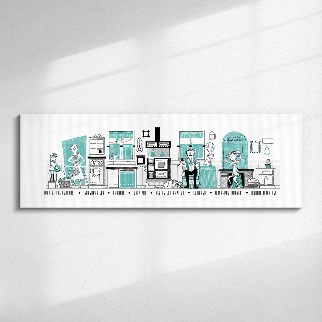 Carousel of Progress Canvas Art, teal turn-of-the-century scene as a long panoramic canvas on a wall