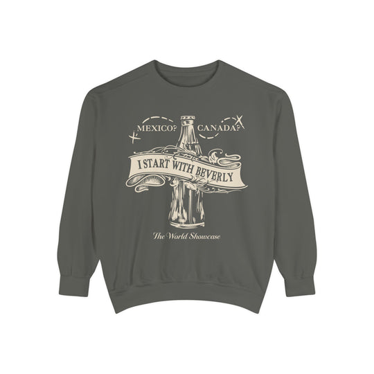 Drink Around The World Starting with Beverly Sweatshirt in Pepper, front flat lay with Beverly bottle and Mexico or Canada text