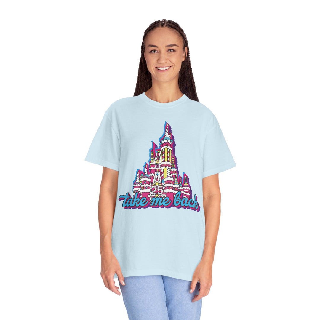 Take Me Back Cake Tee in Chambray worn by a woman in light jeans, front view of the 1996 cake castle design