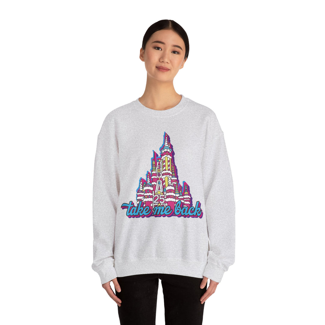 Take Me Back Cake Castle Sweatshirt in Ash worn by a woman, front view of the birthday cake castle print