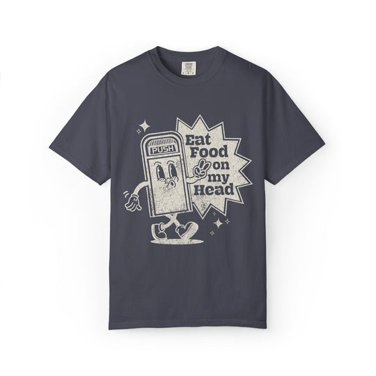 Disney Trash Can Tee in Navy, flat lay front with a walking EPCOT PUSH trash can and Eat Food on my Head