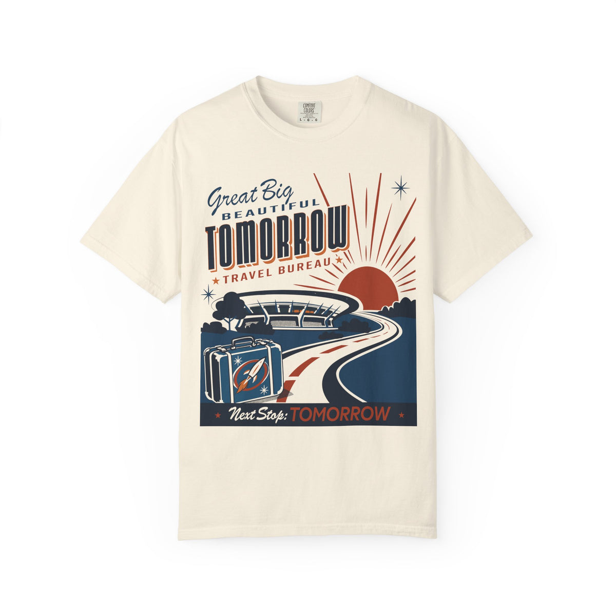 Carousel of Progress Great Big Beautiful Tomorrow Tee in Ivory, front flat lay with retro Travel Bureau poster design