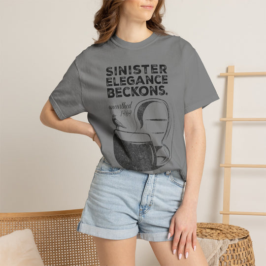 Doom Buggy Ad Tee in Grey worn by a woman in denim shorts, front view of the Leota's Spectral Motors design