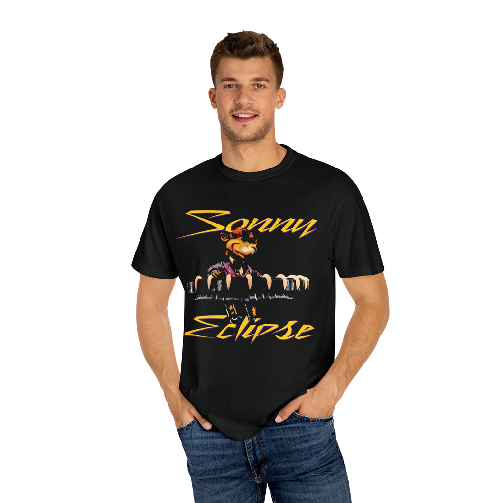 Sonny Eclipse Tee in Black worn by a man in jeans, front view of the lounge singer graphic