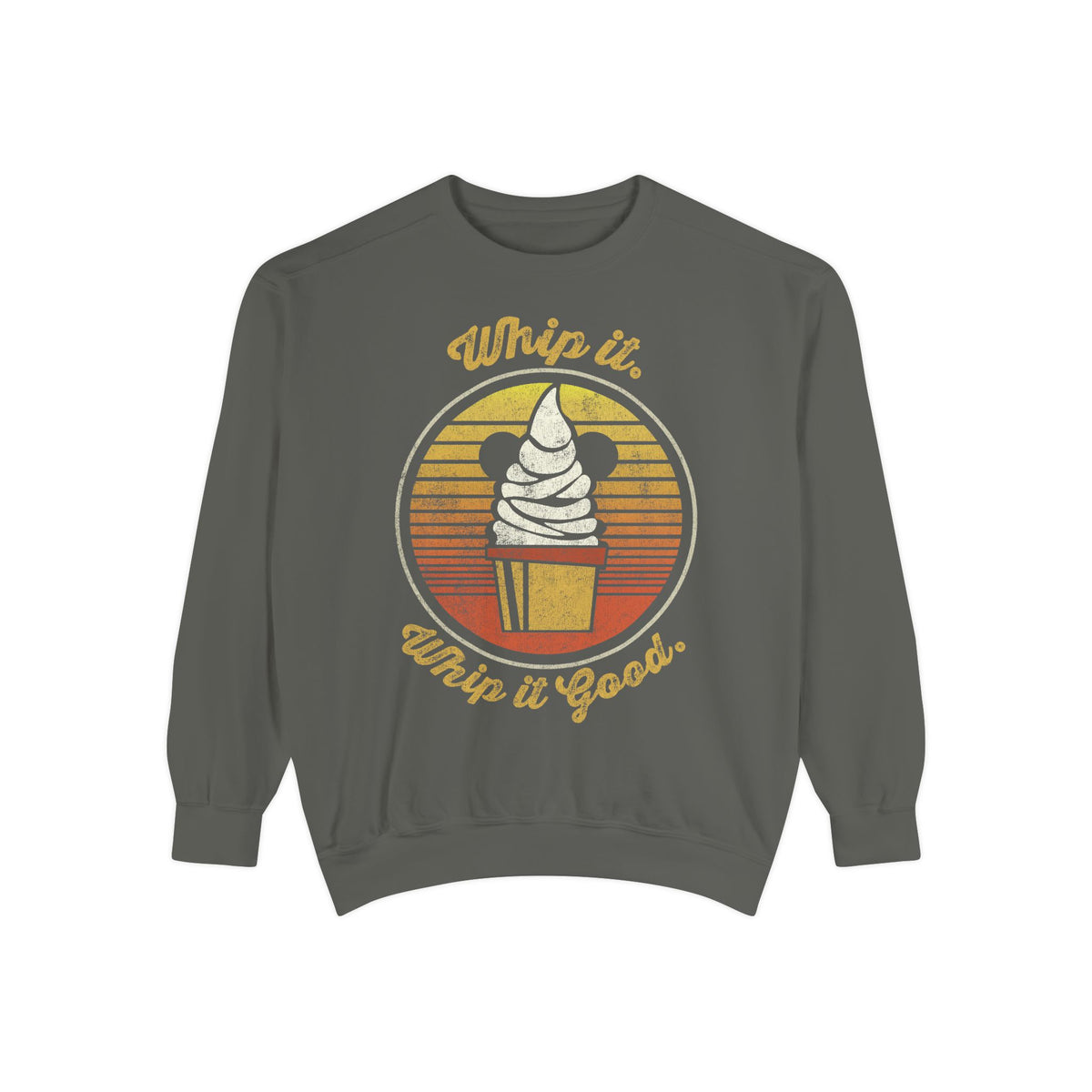 Dole Whip Sweatshirt in Pepper, front flat lay with a Dole Whip cone, sunset stripes and Whip It Good