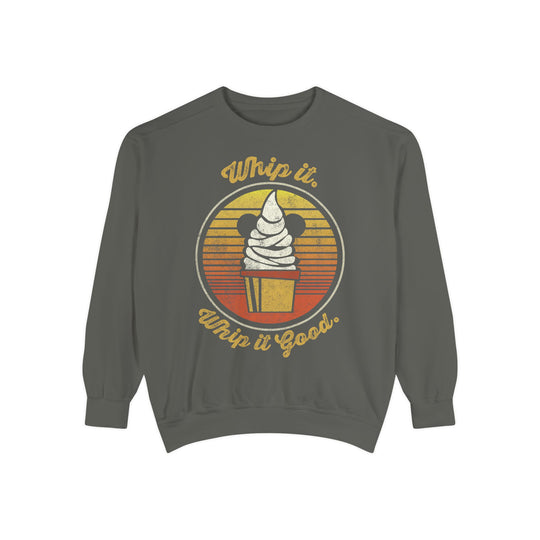 Dole Whip Sweatshirt in Pepper, front flat lay with a Dole Whip cone, sunset stripes and Whip It Good