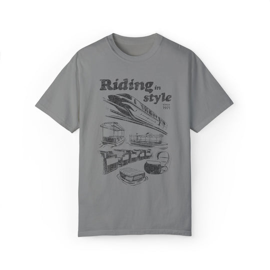Riding in Style Tee in Grey, front flat lay with sketches of the monorail, PeopleMover and other Disney ride vehicles