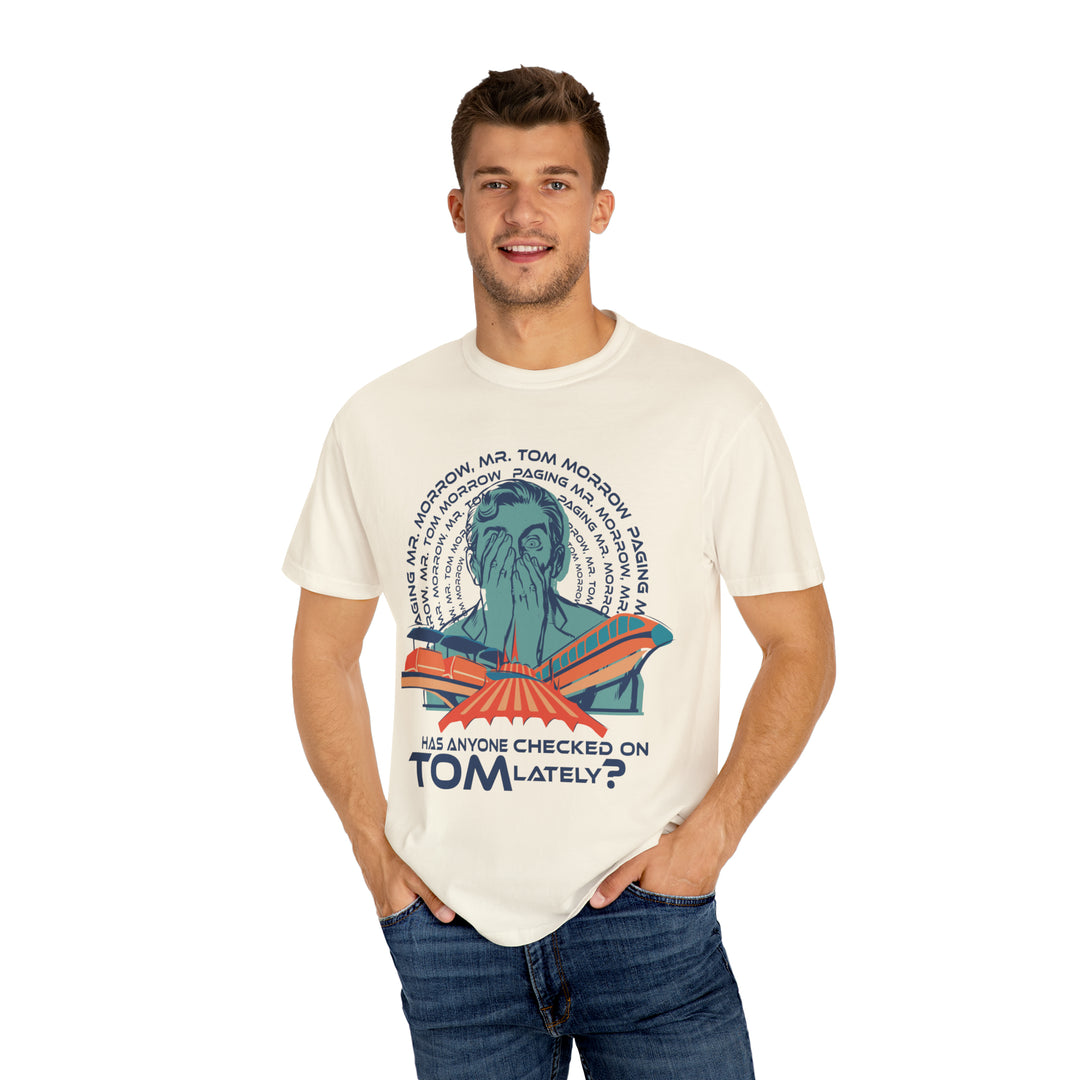 Paging Tom Morrow Tee in Ivory worn by a smiling man in jeans, front view on a white background