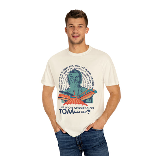 Paging Tom Morrow Tee in Ivory worn by a smiling man in jeans, front view on a white background