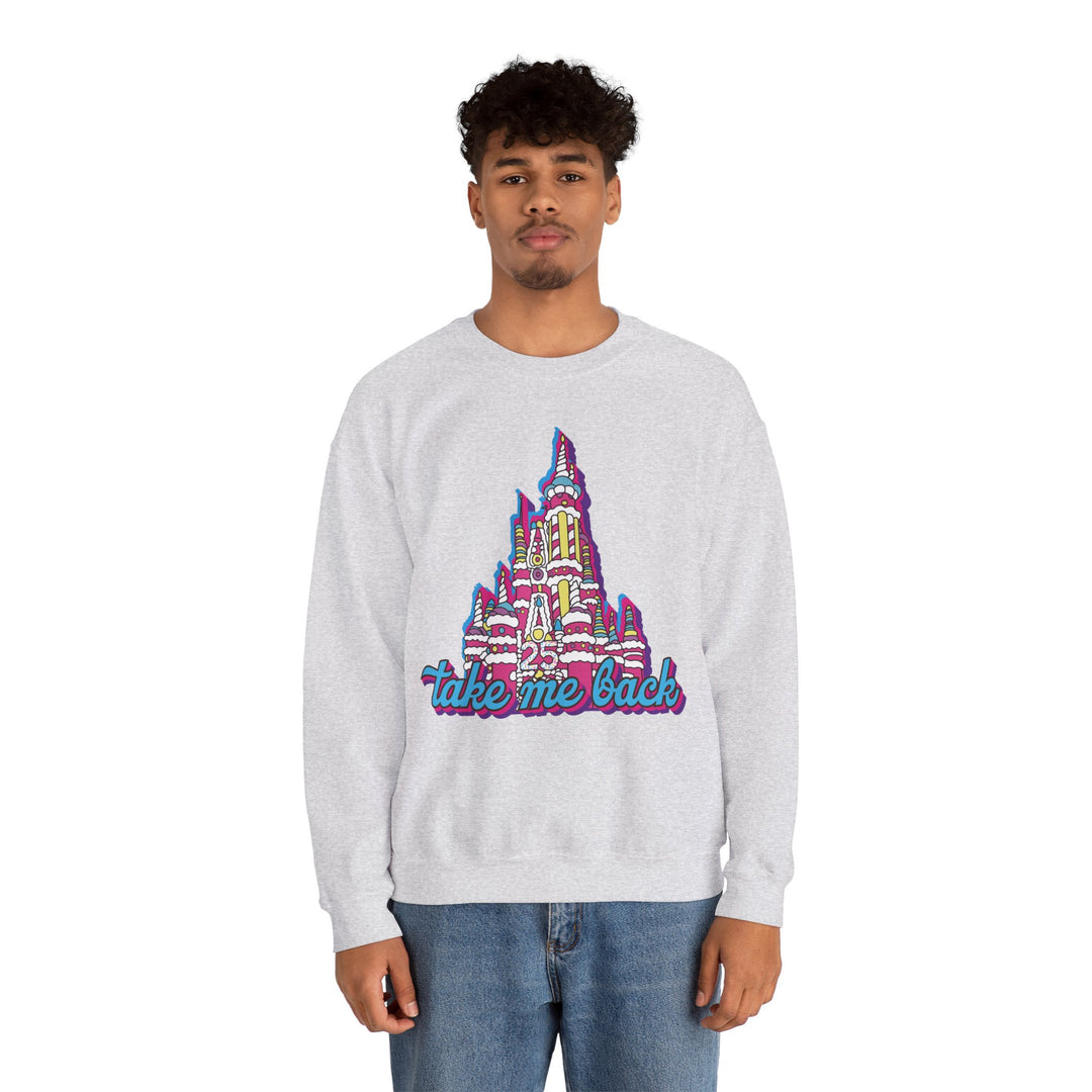 Take Me Back Cake Castle Sweatshirt in Ash worn by a man in jeans, front view