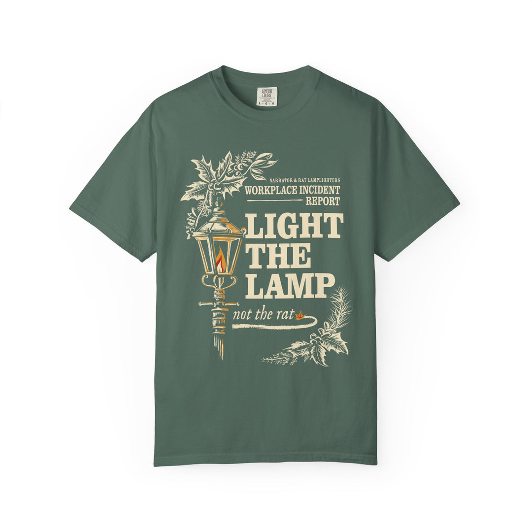 Light the Lamp, Not the Rat Christmas Shirt in Blue Spruce, front flat lay of the holly and Victorian lamppost print