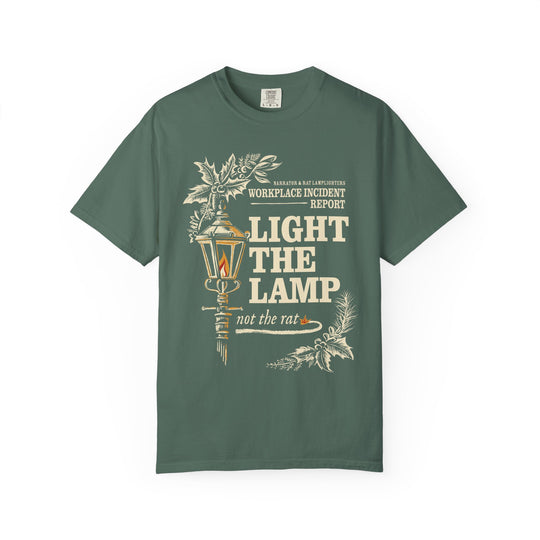 Light the Lamp, Not the Rat Christmas Shirt in Blue Spruce, front flat lay of the holly and Victorian lamppost print