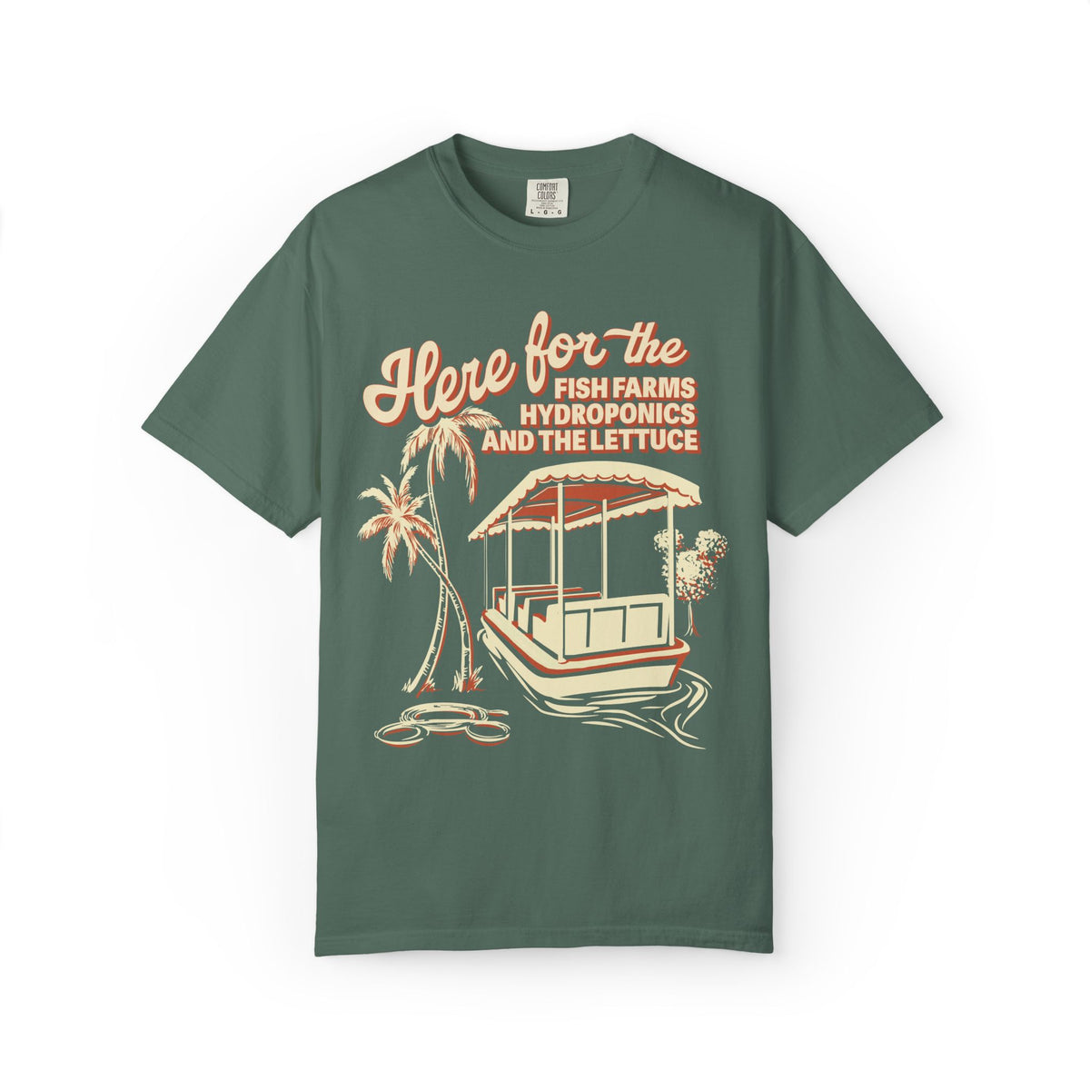Living with the Land Hydroponics Tee in Blue Spruce, front flat lay of the boat with Here for the Fish Farms text