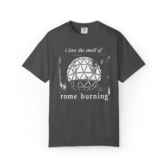 I Love The Smell of Rome Burning Tee in Graphite, front flat lay showing the Spaceship Earth sphere print