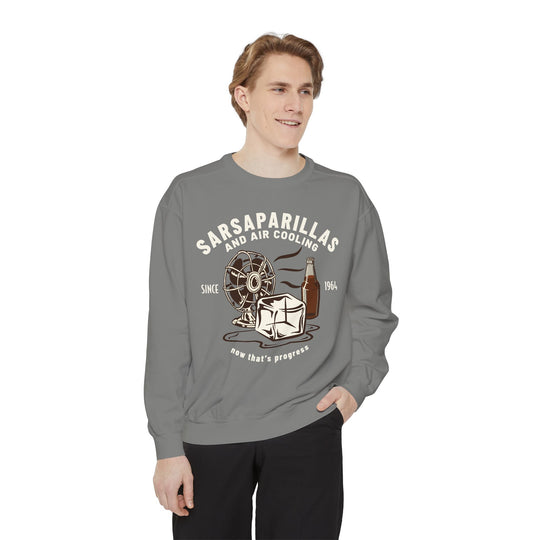 Carousel of Progress Sweatshirt in Grey worn by a man in black pants, front view of the Sarsaparillas and Air Cooling print