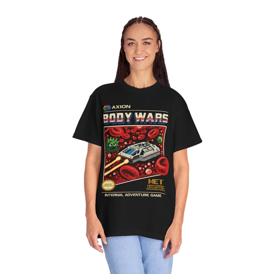 Body Wars Tee in Black worn by a smiling woman with long brown hair and jeans, front view on a white background