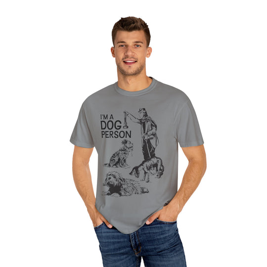 I'm A Dog Person Tee in Grey worn by a man in jeans with hands in pockets, front view
