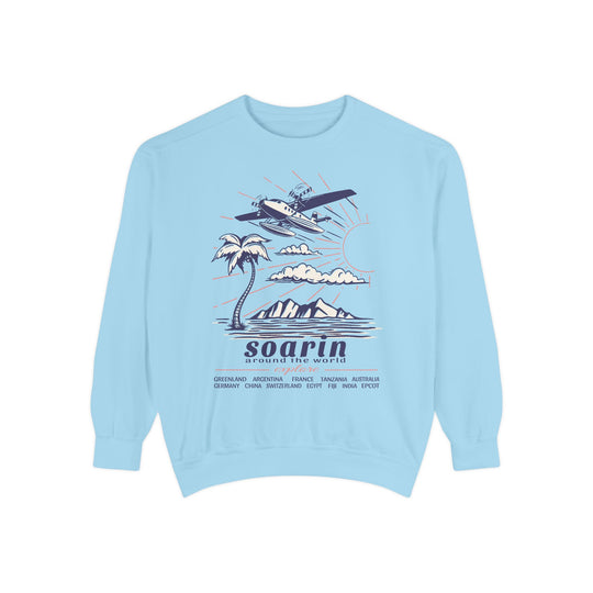 Soarin' Sweatshirt in Chambray, front flat lay of the hang glider, palm tree, and mountains Soarin Around the World print