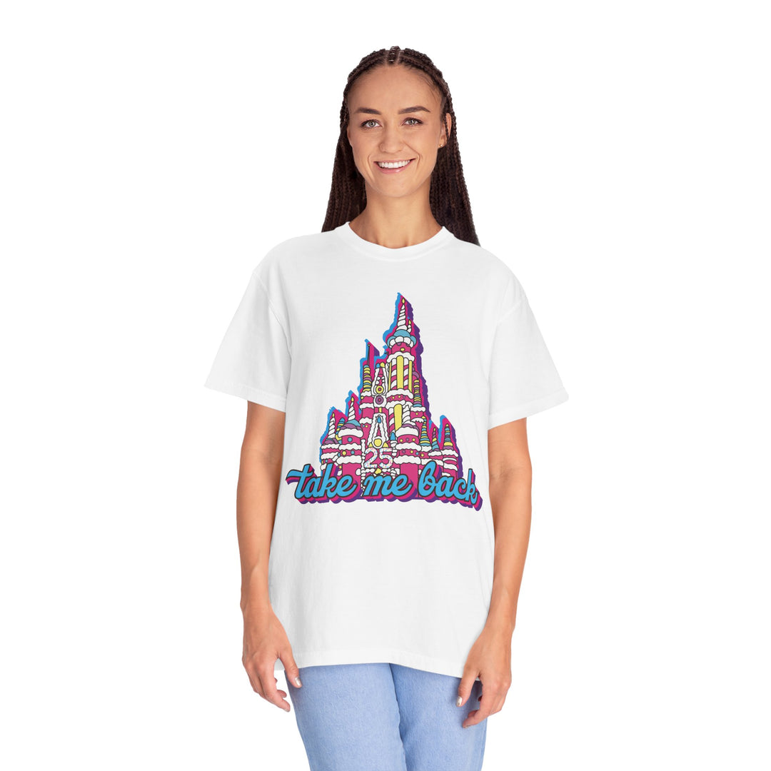 Take Me Back Cake Tee in White worn by a woman in light jeans, front view of the pink cake castle design