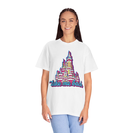 Take Me Back Cake Tee in White worn by a woman in light jeans, front view of the pink cake castle design