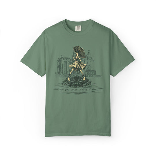 Sally Slater Haunted Mansion Shirt in Light Green, flat lay front with the tightrope walker and alligator