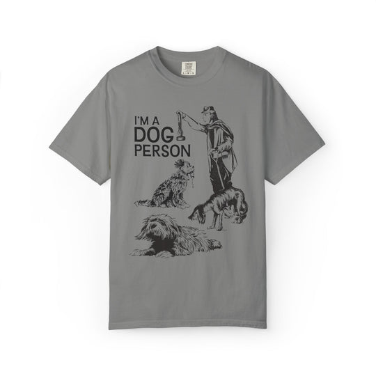 I'm A Dog Person Tee in Grey, front flat lay with the Pirates jail dog holding keys and Rover sketches