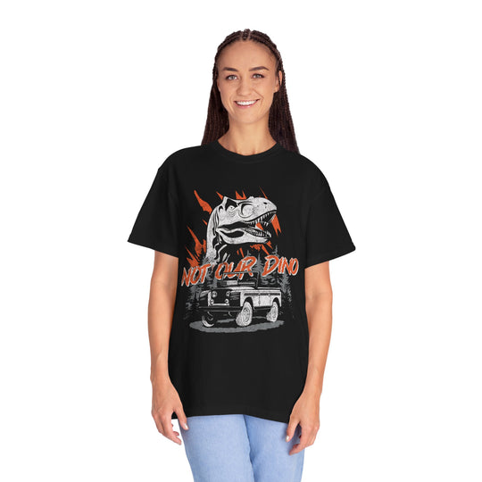 Not Our Dino Tee in Black worn by a woman in light jeans, front view