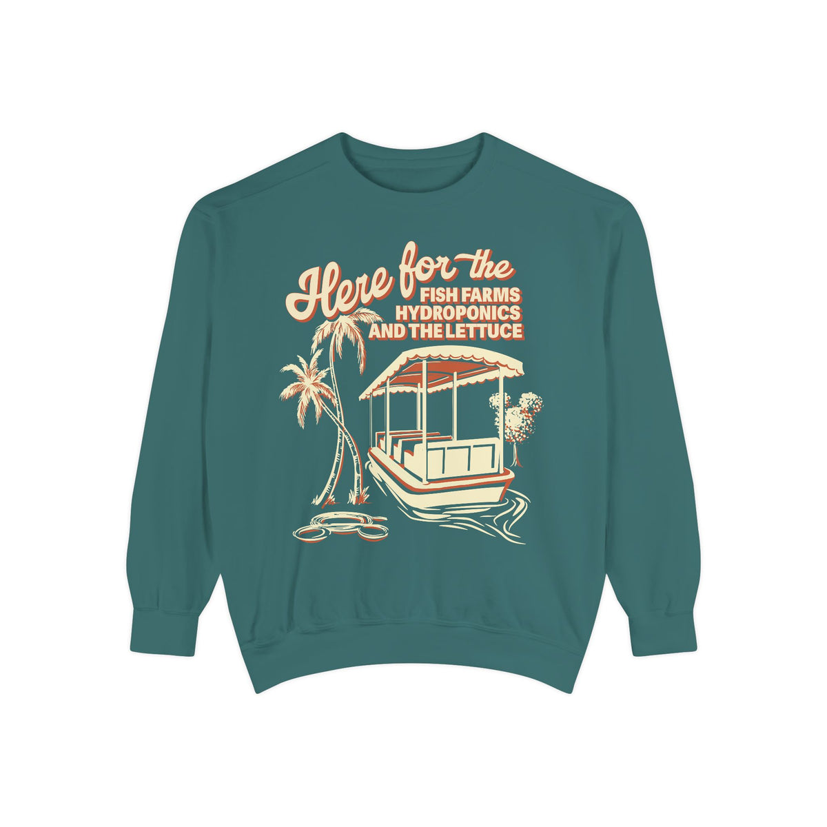 Living with the Land Hydroponics Sweatshirt in Blue Spruce, flat lay front with the ride boat and lettuce text