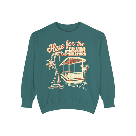 Living with the Land Hydroponics Sweatshirt in Blue Spruce, flat lay front with the ride boat and lettuce text