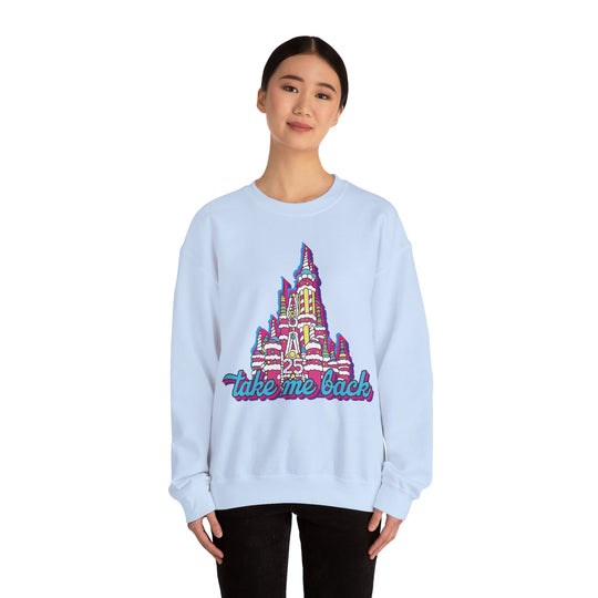 Take Me Back Cake Castle Sweatshirt in Light Blue worn by a woman in black pants, front view