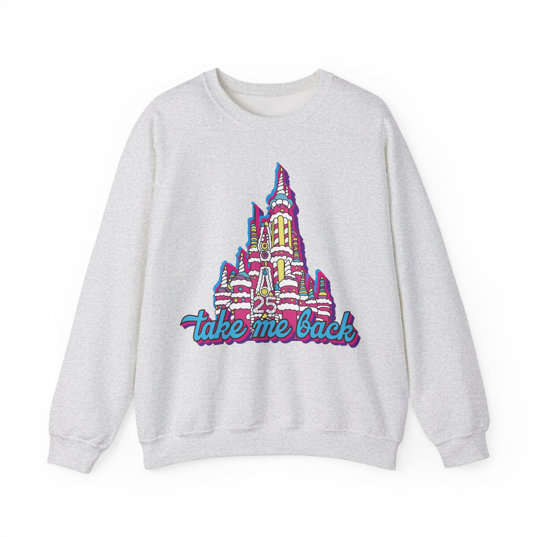 Take Me Back Cake Castle Sweatshirt in Ash, front flat lay with the pink and teal birthday cake castle print