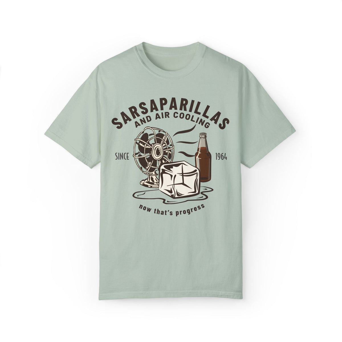Carousel of Progress Tee in Bay, front flat lay with Sarsaparillas and Air Cooling fan, ice and soda bottle print