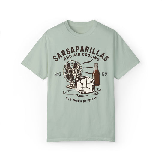 Carousel of Progress Tee in Bay, front flat lay with Sarsaparillas and Air Cooling fan, ice and soda bottle print