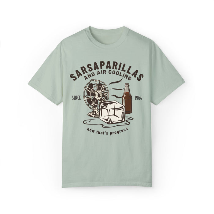 Carousel of Progress Tee in Bay, front flat lay with Sarsaparillas and Air Cooling fan, ice and soda bottle print