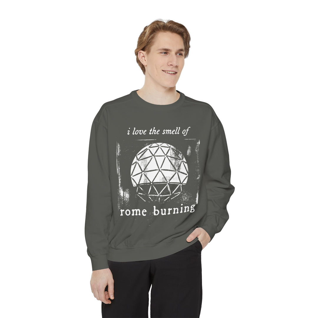 I Love the Smell of Rome Burning Sweatshirt in Pepper worn by a man, Spaceship Earth print on the front