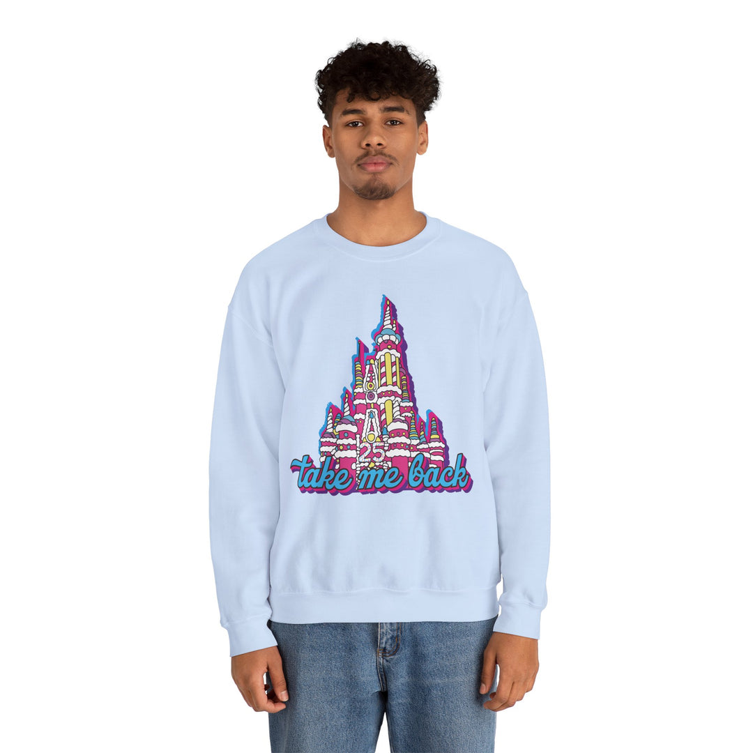 Take Me Back Cake Castle Sweatshirt in Light Blue worn by a man in jeans, front view