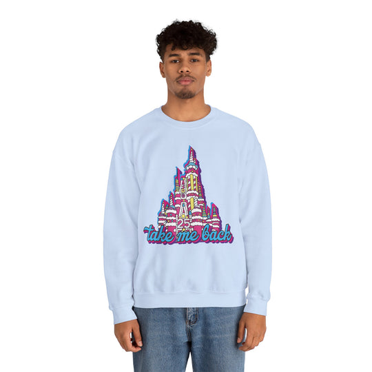 Take Me Back Cake Castle Sweatshirt in Light Blue worn by a man in jeans, front view