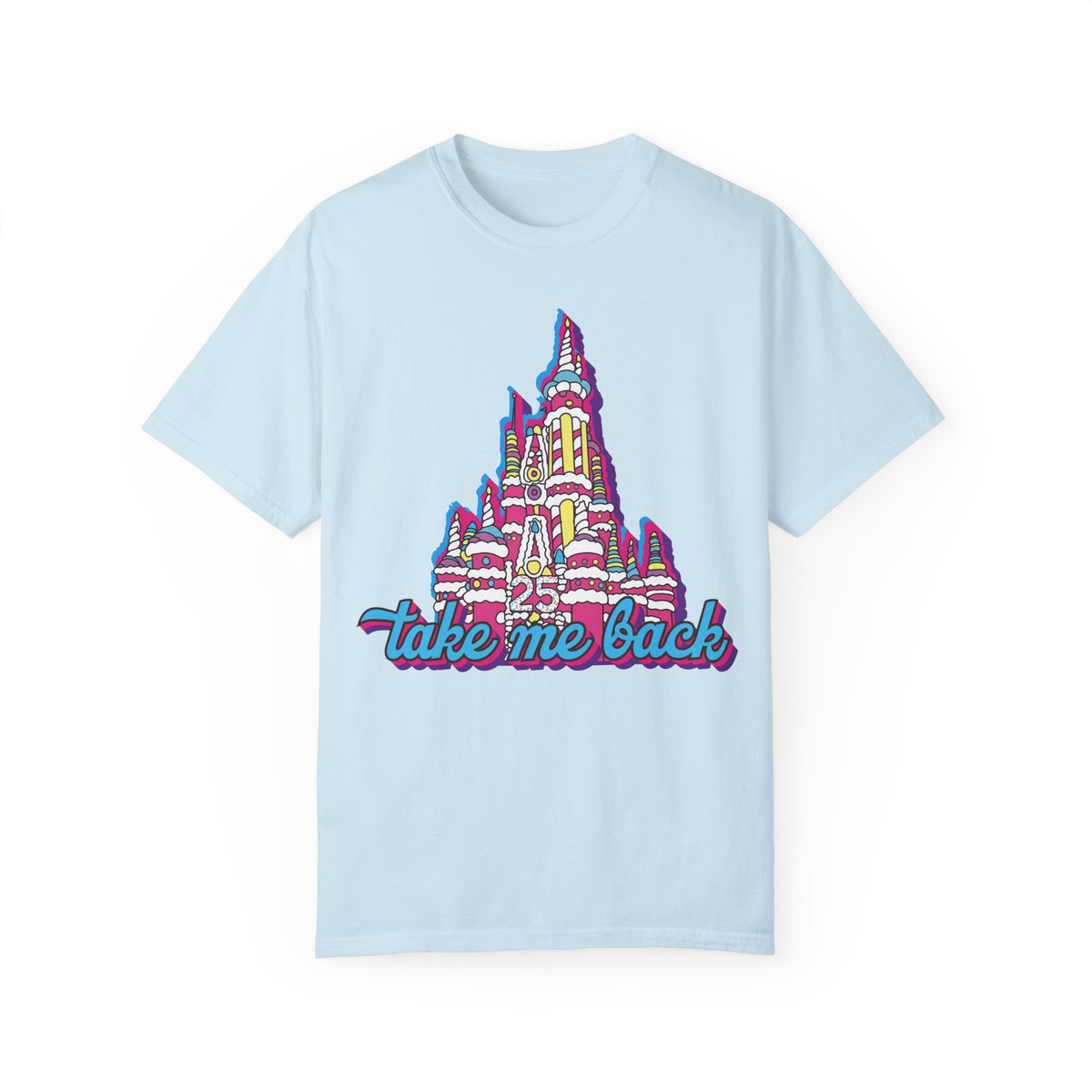 Take Me Back Cake Tee in Chambray, front flat lay of the pink birthday cake Cinderella Castle with take me back script