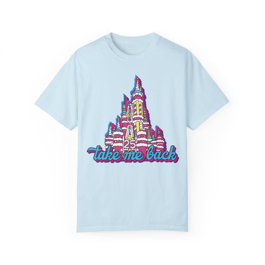 Take Me Back Cake Tee in Chambray, front flat lay of the pink birthday cake Cinderella Castle with take me back script