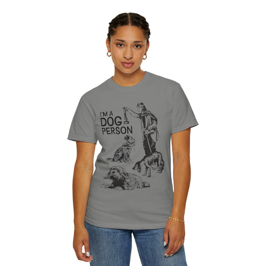 I'm A Dog Person Tee in Grey worn by a woman in jeans, front view of the jail dog illustration