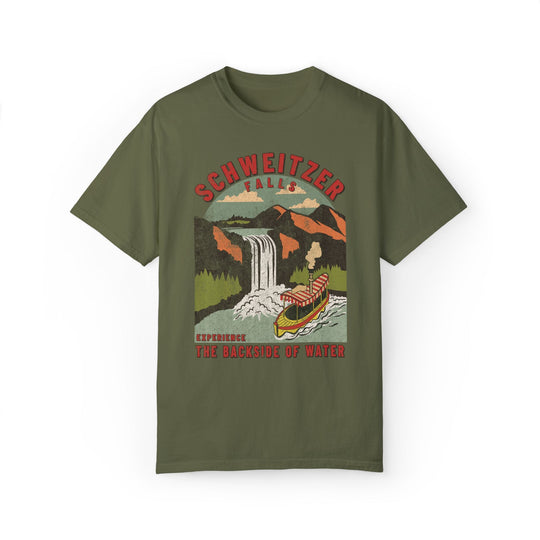 Schweitzer Falls Tee in a deep olive green, flat lay front with the waterfall and Jungle Cruise boat print