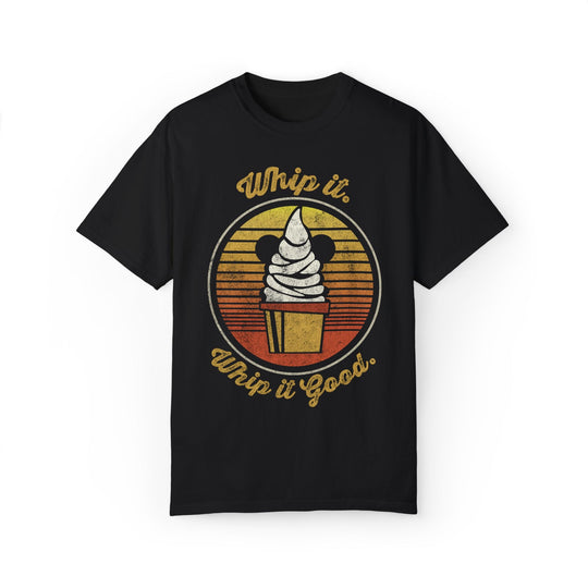 Dole Whip Tee in Black, front flat lay with a retro sunset Dole Whip cone and Whip It, Whip It Good script