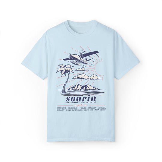 Soarin' Around the World Tee in Chambray, flat lay front with a hang glider, palm tree and world landmark list