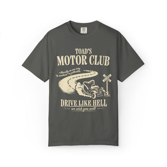 Mr. Toad's Wild Ride Tee in Pepper, front view of the Toad's Motor Club roadster and railroad crossing